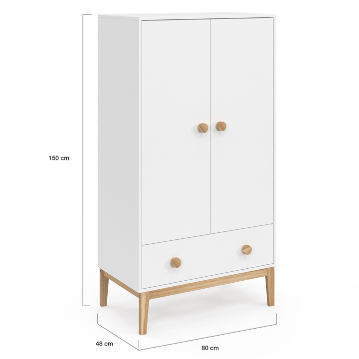 Armadio per bambini JACOB a 2 ante con cassetto bianco e legno