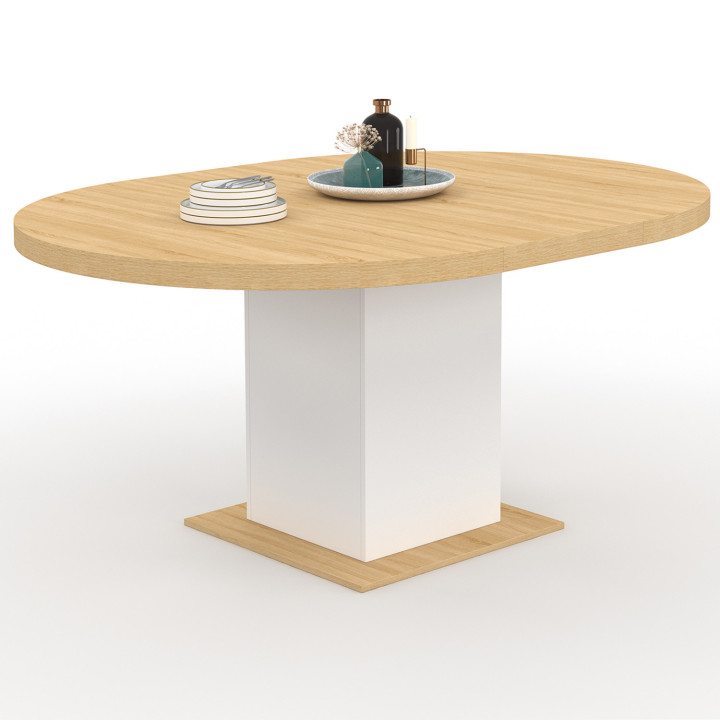 Mesa de comedor redonda extensible 4-8 personas madera y blanco 120-160 cm - EDEN | ID Market