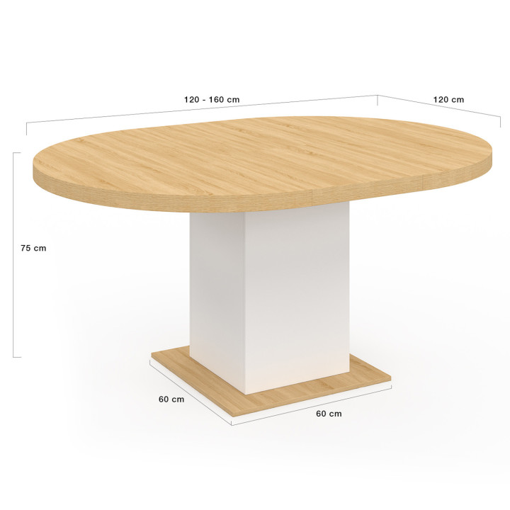 Mesa de comedor redonda extensible 4-8 personas madera y blanco 120-160 cm - EDEN | ID Market