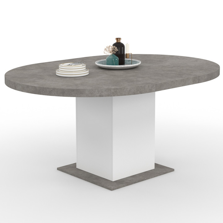 Table à manger extensible ronde EDEN 4-8 personnes blanc et béton 120-160 cm