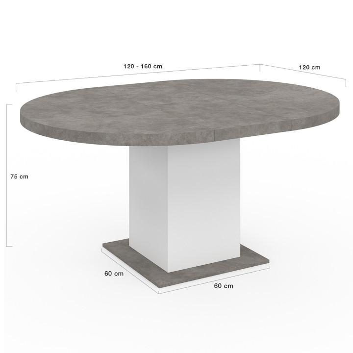 Mesa de comedor redonda extensible 4-8 personas hormigón y blanco 120-160 cm - EDEN | ID Market