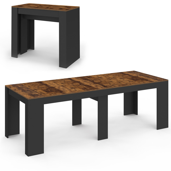 Uitschuifbare consoletafel van 235 cm met verouderd hout- en zwart effect, geschikt voor 10 personen - ORLANDO