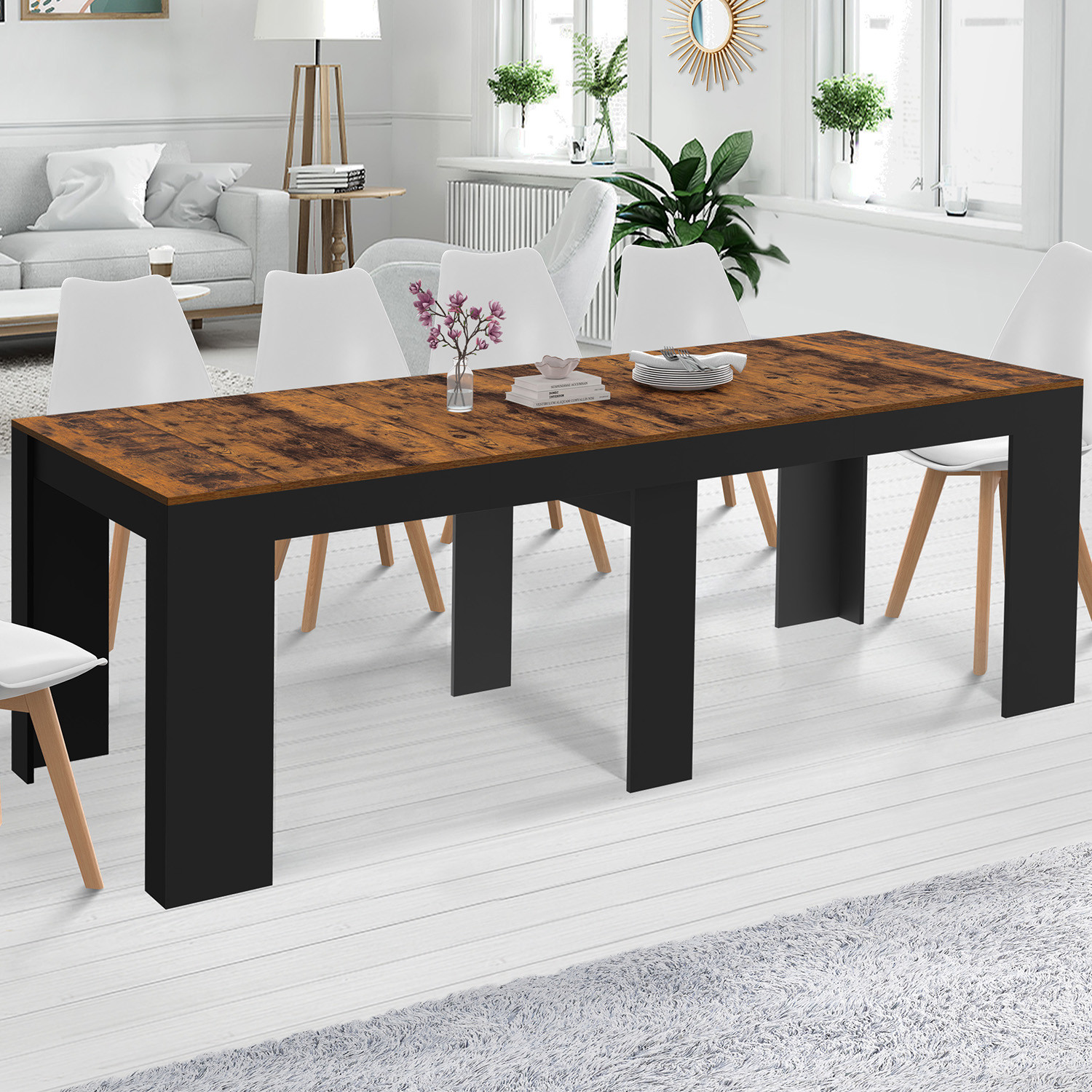 Table console extensible 235 cm effet vieilli et noir 10 personnes