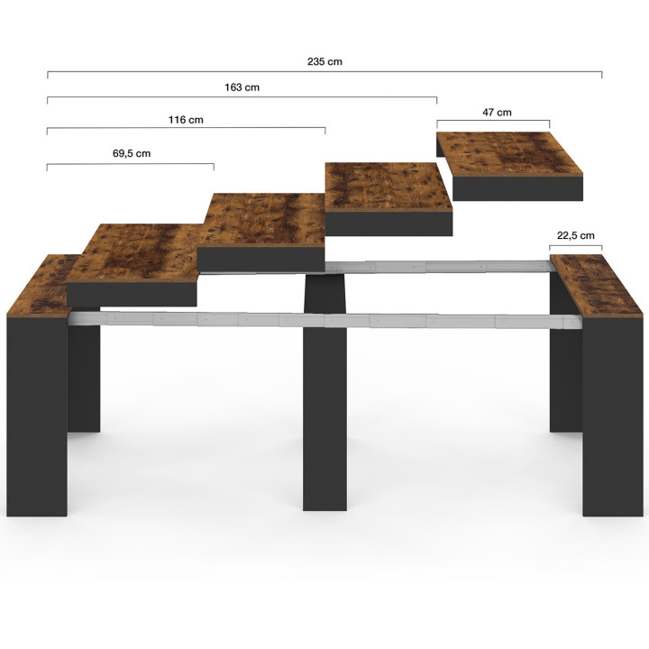 ORLANDO uitschuifbare consoletafel, 10-zits, 235 cm, verouderd hout en zwart