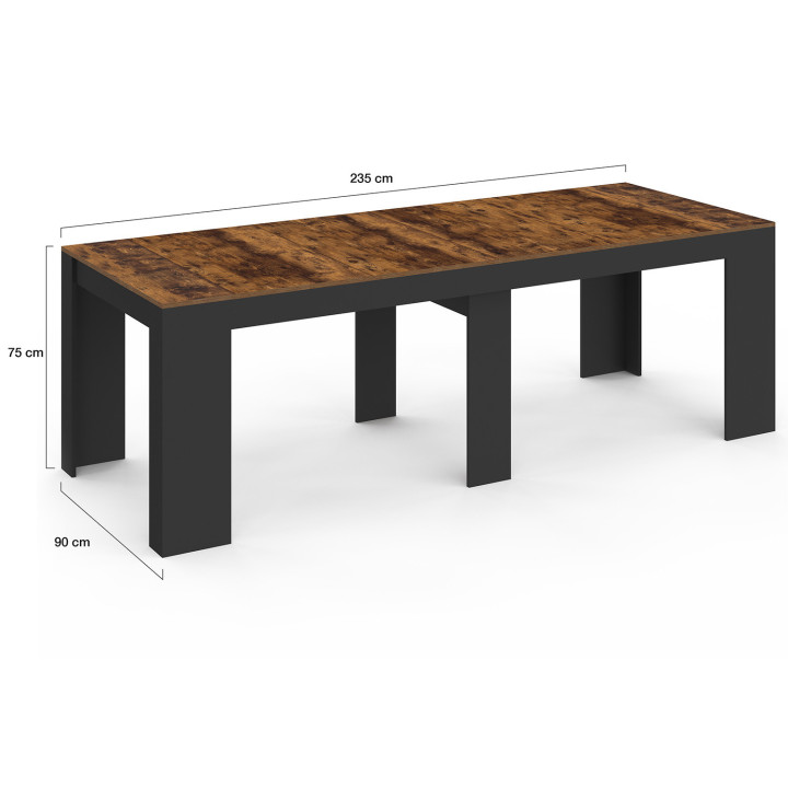 Uitschuifbare consoletafel van 235 cm met verouderd hout- en zwart effect, geschikt voor 10 personen - ORLANDO