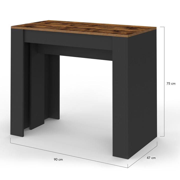Uitschuifbare consoletafel van 235 cm met verouderd hout- en zwart effect, geschikt voor 10 personen - ORLANDO