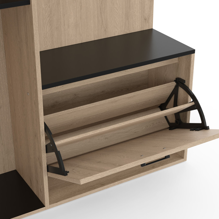 Garderobe im Eingangsbereich mit Schuhablage, Spiegel, Schrank und Regalen in Holz- und Schwarzeffekt - MAHAUT | ID Market