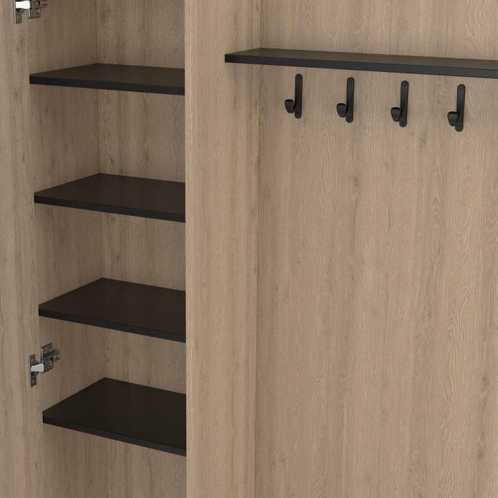 Guardarropa de entrada con zapatero, espejo, armario y estanterías en negro y efecto madera - MAHAUT | ID Market