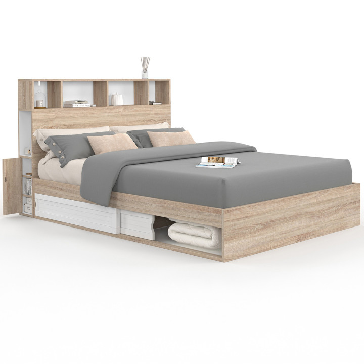 Cama doble con almacenaje + cabecero y somier 140 x 190 cm haya y blanco - CLEM | ID Market