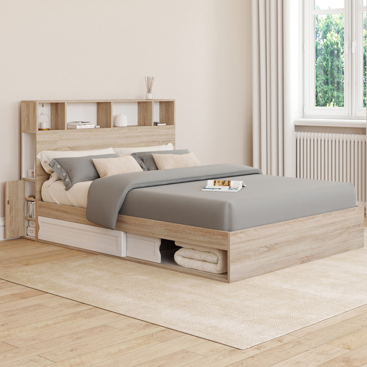 Cama doble con almacenaje + cabecero y somier 140 x 190 cm haya y blanco - CLEM | ID Market