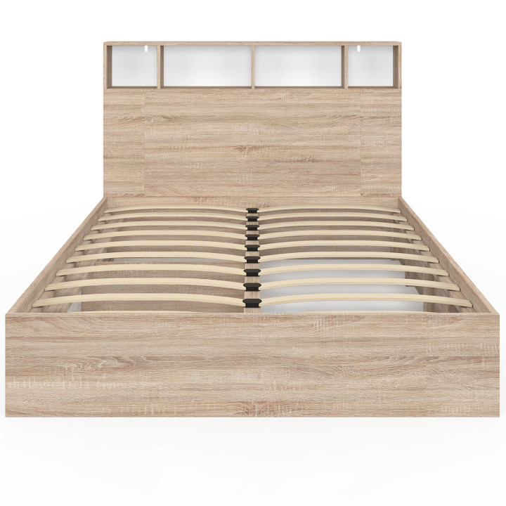 Cama doble con almacenaje + cabecero y somier 140 x 190 cm haya y blanco - CLEM | ID Market