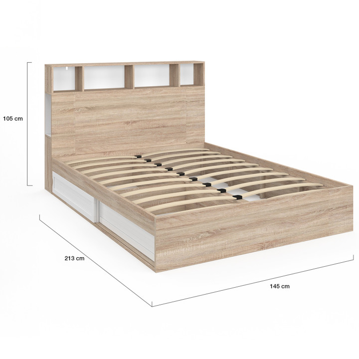 Cama doble con almacenaje + cabecero y somier 140 x 190 cm haya y blanco - CLEM | ID Market
