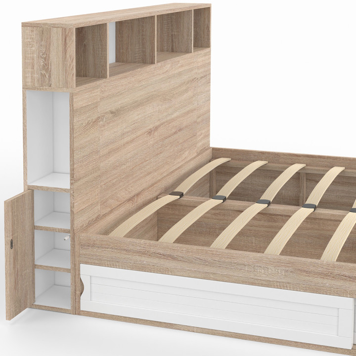 Cama doble con almacenaje + cabecero y somier 140 x 190 cm haya y blanco - CLEM | ID Market