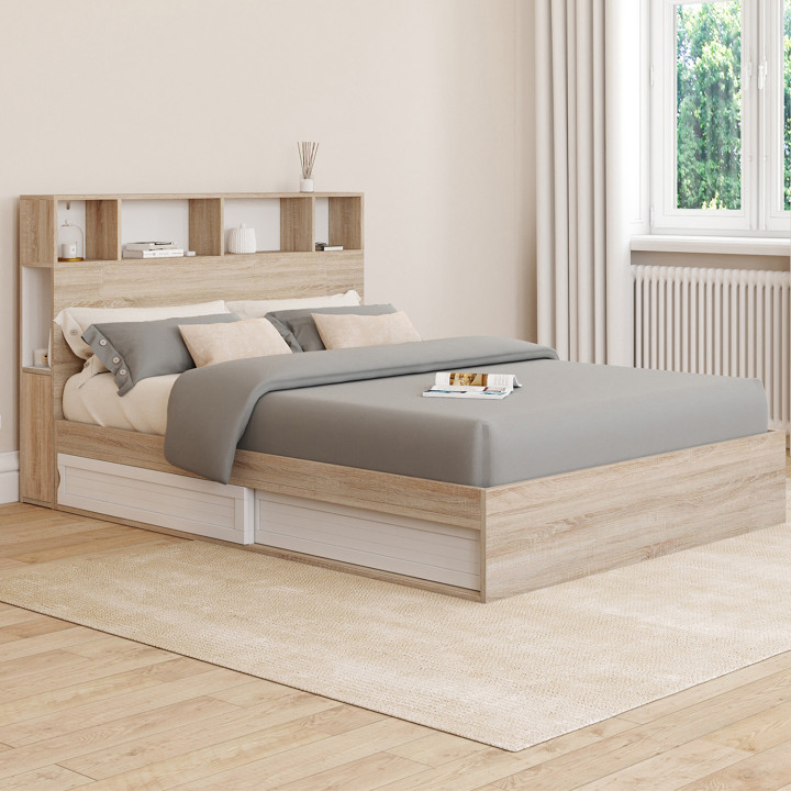 Cama doble con almacenaje + cabecero y somier 140 x 190 cm haya y blanco - CLEM | ID Market