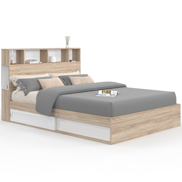 Cama doble con almacenaje + cabecero y somier 140 x 190 cm haya y blanco - CLEM | ID Market