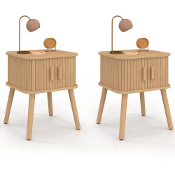 17229 - Lot de 2 tables de chevet 2 portes coulissantes lattes tasseaux bois coloris chêne Lot de 2 tables de chevet ROMIE 2 portes coulissantes lattes tasseau bois coloris chêne