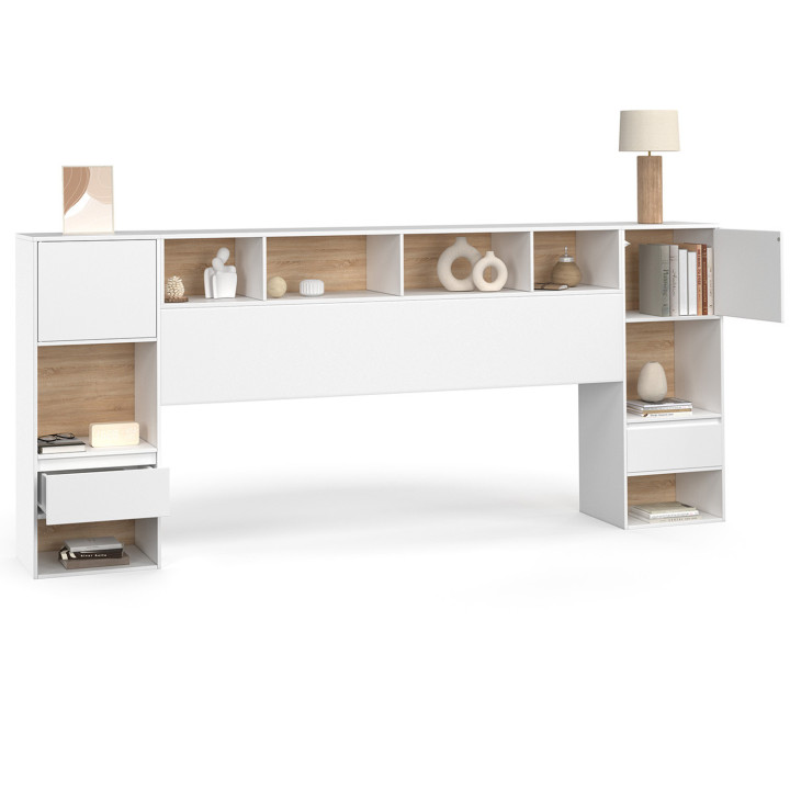 Cabecero de pedestal blanco y madera con mesitas de noche de cajones, armarios y nichos - CAMPHA | IDMarket