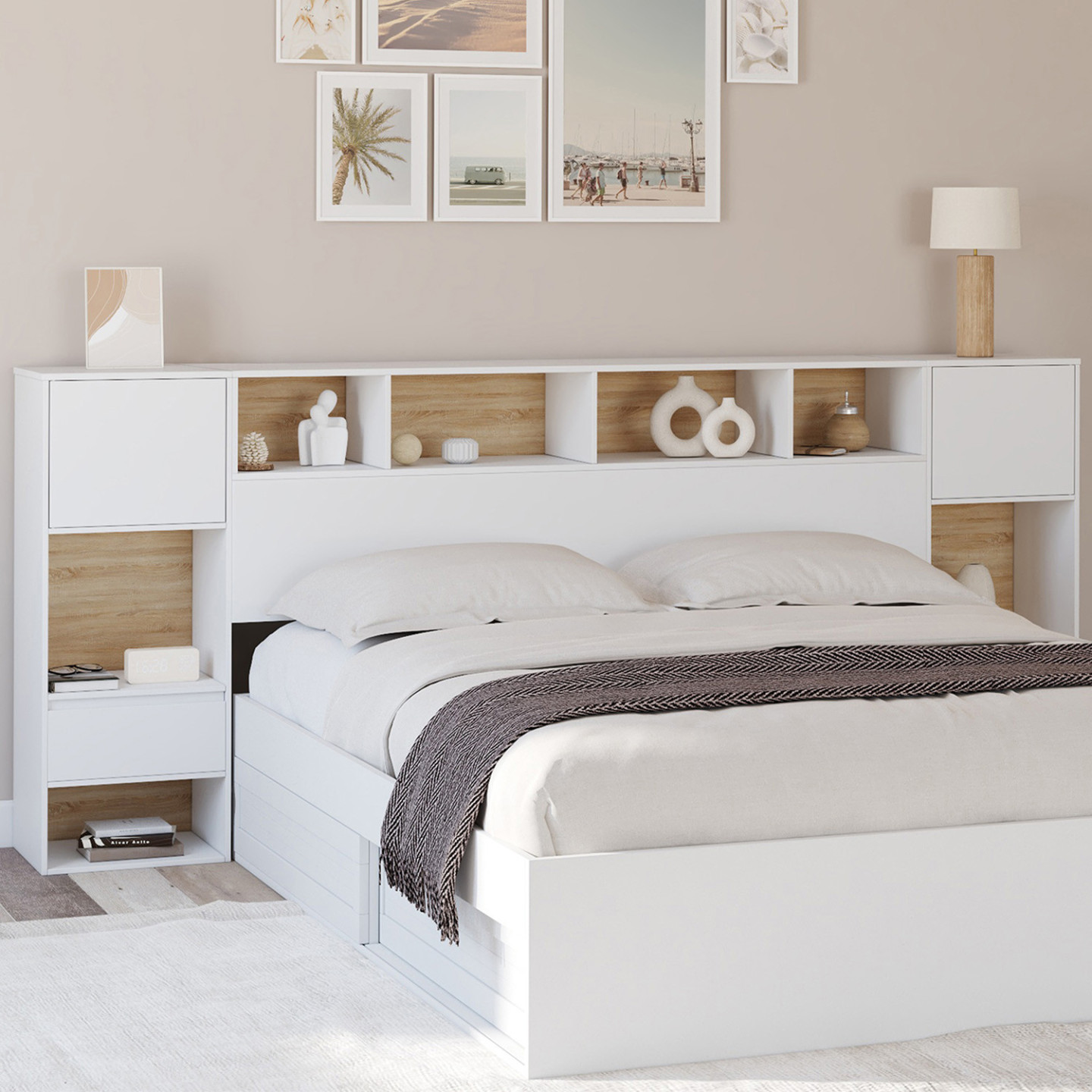 T te De Lit Sur Pied Blanc Et Bois Avec Chevets Tiroir Placards Et t-te-de-lit-sur-pied-blanc-et-bois-avec-chevets-tiroir-placards-et