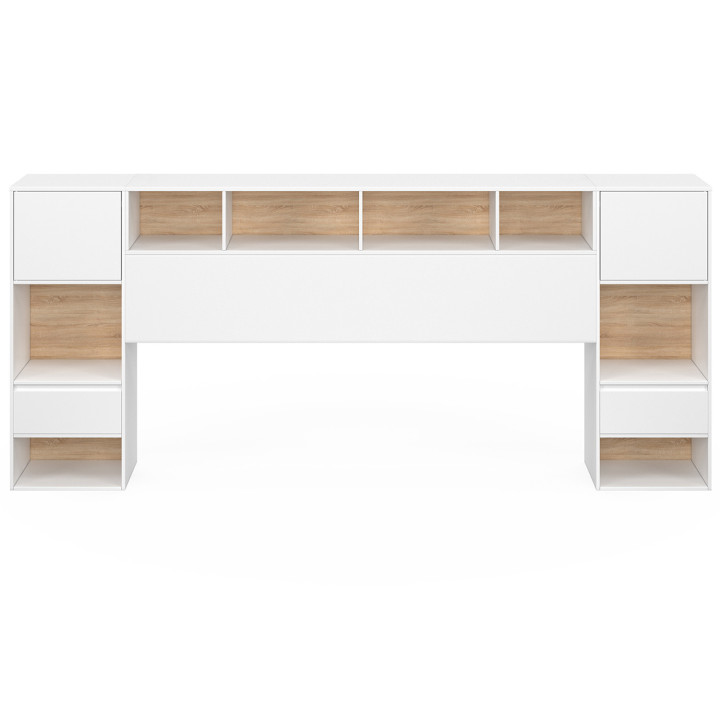 Cabecero de pedestal blanco y madera con mesitas de noche de cajones, armarios y nichos - CAMPHA | IDMarket