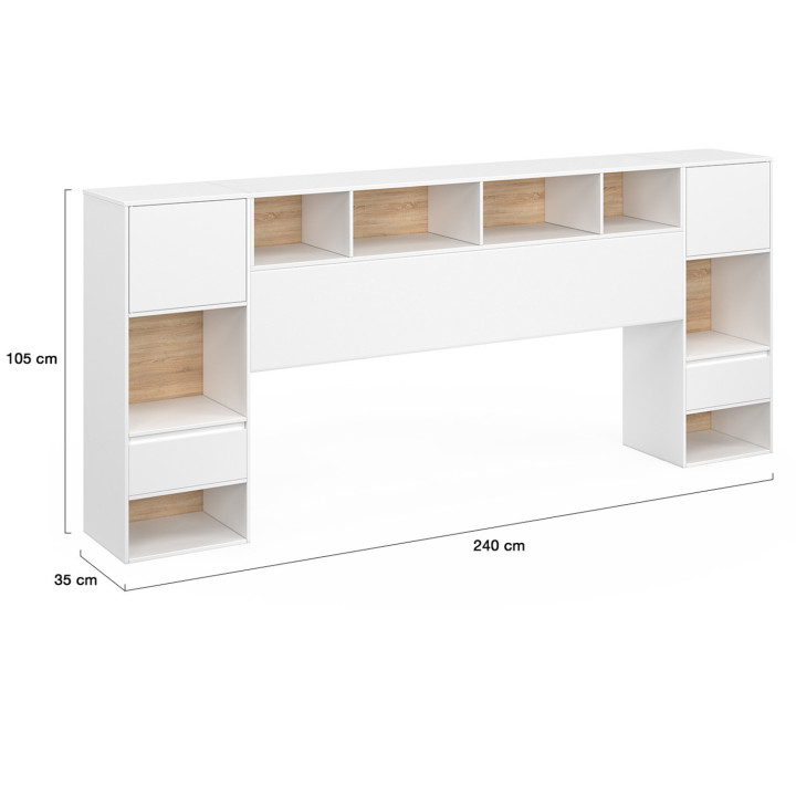 Cabecero de pedestal blanco y madera con mesitas de noche de cajones, armarios y nichos - CAMPHA | IDMarket