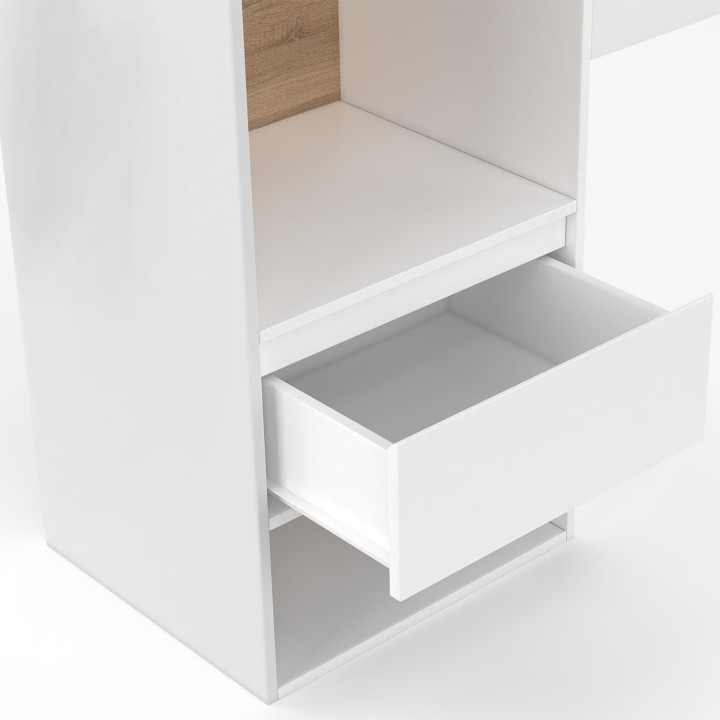 Cabecero de pedestal blanco y madera con mesitas de noche de cajones, armarios y nichos - CAMPHA | IDMarket