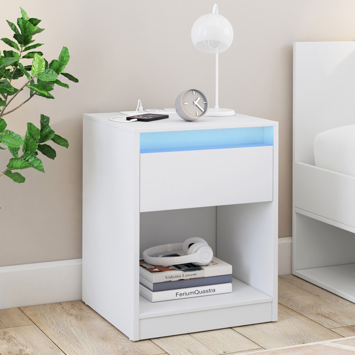 Lot de 2 tables de chevet TED à LED 1 tiroir avec niche et station de recharge