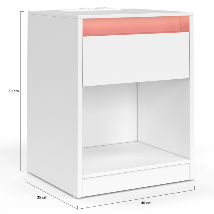 Lot de 2 tables de chevet TED à LED 1 tiroir avec niche et station de recharge