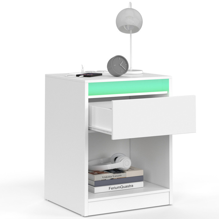 Set di 2 comodini TED LED con stazione di ricarica, 1 cassetto e nicchia