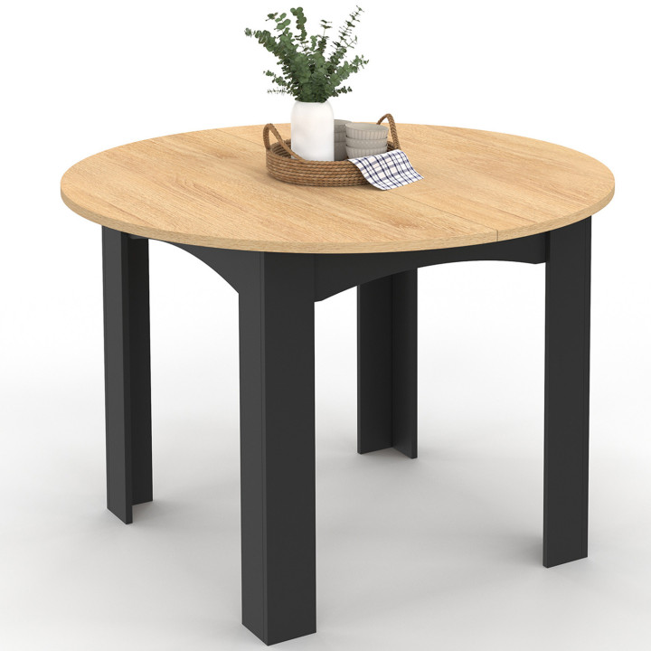 Mesa de comedor redonda para 4-6 personas, negra, tablero imitación haya, 110 cm - DONA | ID Market