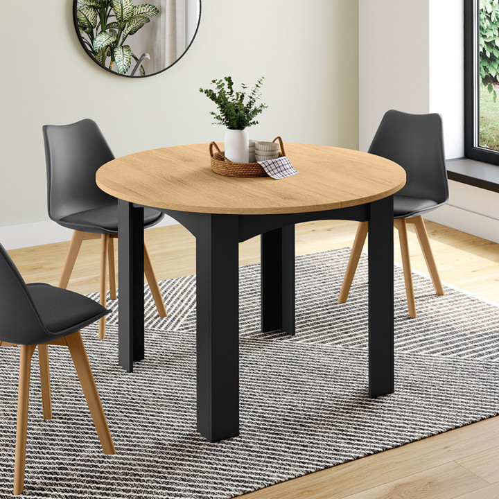 Mesa de comedor redonda para 4-6 personas, negra, tablero imitación haya, 110 cm - DONA | ID Market