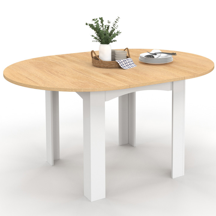 Table à manger extensible ronde DONA 4-8 personnes blanche plateau façon hêtre 110-150 cm