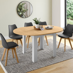 Table à manger extensible ronde DONA 4-8 personnes blanche plateau façon hêtre 120-160 cm