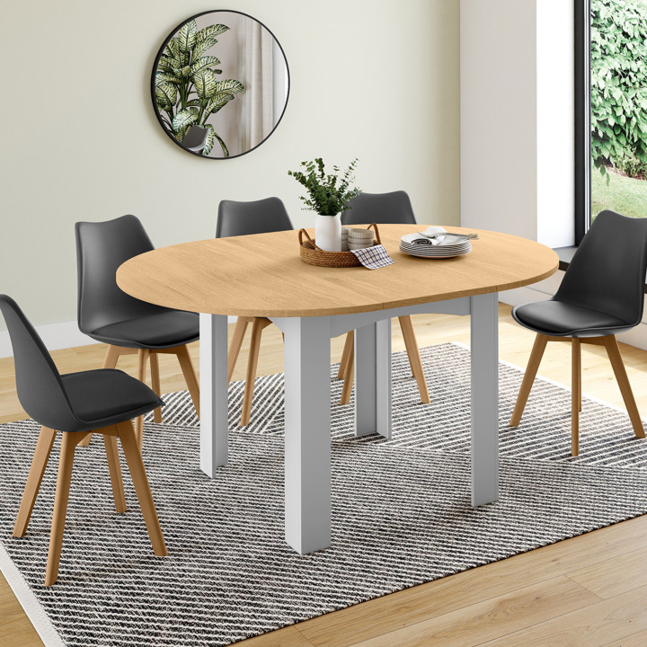 Table à manger extensible ronde DONA 4-8 personnes blanche plateau façon hêtre 110-150 cm