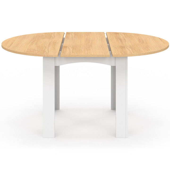 Table à manger extensible ronde DONA 4-8 personnes blanche plateau façon hêtre 110-150 cm