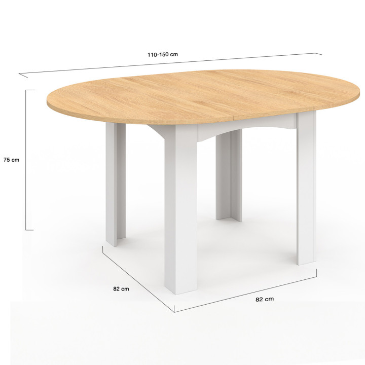 Table à manger extensible ronde DONA 4-8 personnes blanche plateau façon hêtre 110-150 cm