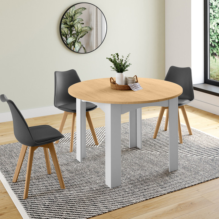 Table à manger extensible ronde DONA 4-8 personnes blanche plateau façon hêtre 110-150 cm