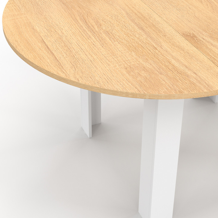 Table à manger extensible ronde DONA 4-8 personnes blanche plateau façon hêtre 110-150 cm