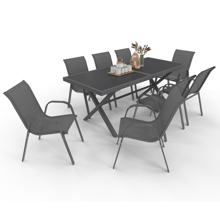 Tuinmeubelset - tafel 190cm, blad met betoneffect en 8 stapelstoelen - SANTORIN | ID Market
