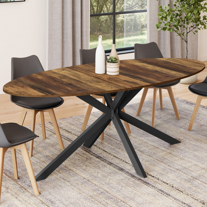 Mesa de comedor ovalada para 10 personas con pata de araña negra y tablero de madera oscura 200 cm - ALIX | ID Market