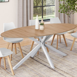 Table à manger ovale ALIX 10 personnes pied araignée bois et blanc 200 cm