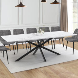 17187 - Table à manger extensible rectangle ALIX 8-12 personnes pied araignée noir plateau effet marbre blanc ALASKA 200-240 cm