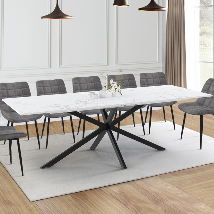 Mesa de comedor rectangular extensible 8-12 personas efecto mármol blanco 200-240 cm - ALIX | ID Market