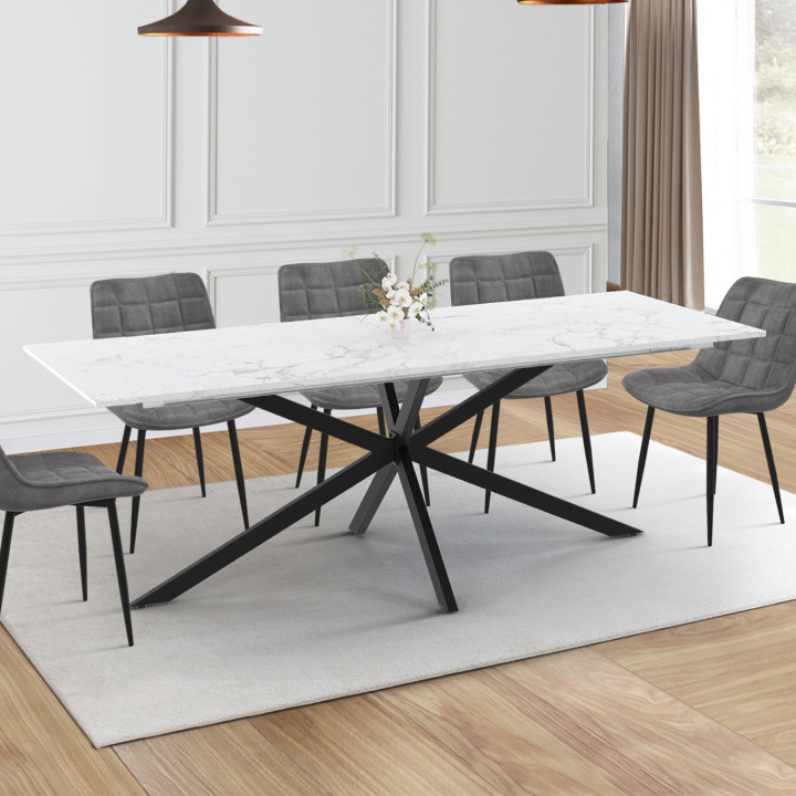 Table à manger extensible rectangle ALIX 8-12 personnes pied araignée noir plateau effet marbre blanc ALASKA 200-240 cm