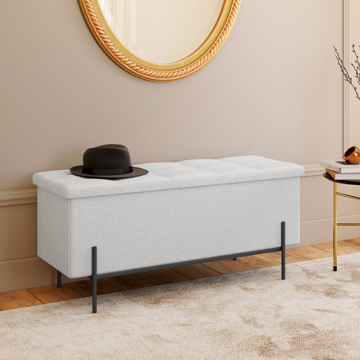 Banc coffre rangement LOUIS pieds métal doré 100 cm tissu bouclette blanc