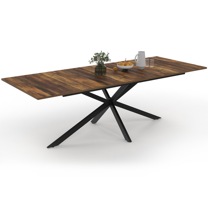 Table à manger extensible rectangle ALIX avec rangement 10-12 personnes pied araignée bois foncé et noir 200-240 cm