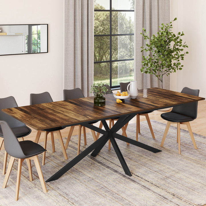 Table à manger extensible rectangle ALIX avec rangement 10-12 personnes pied araignée bois foncé et noir 200-240 cm