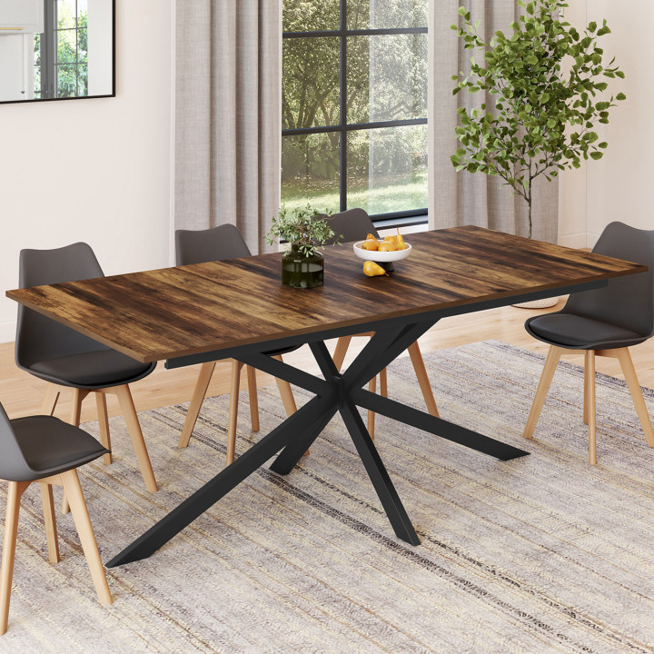 Table à manger extensible rectangle ALIX avec rangement 10-12 personnes pied araignée bois foncé et noir 200-240 cm