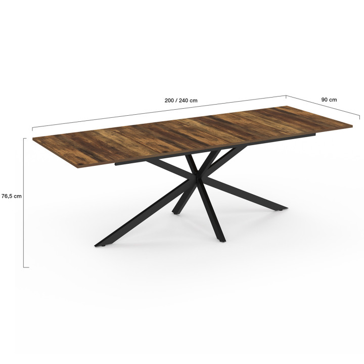 Table à manger extensible rectangle ALIX avec rangement 10-12 personnes pied araignée bois foncé et noir 200-240 cm