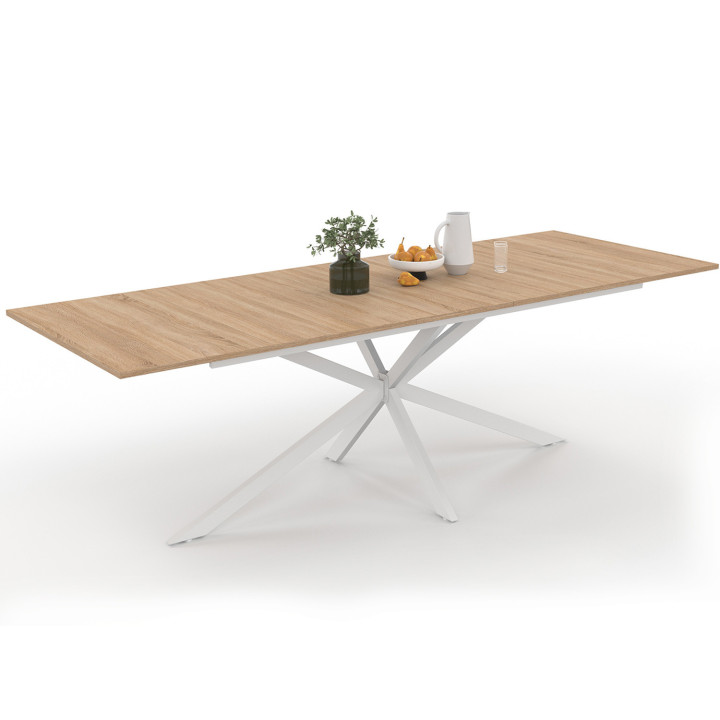 Table à manger extensible rectangle ALIX avec rangement 10-12 personnes pied araignée bois et blanc 200-240 cm