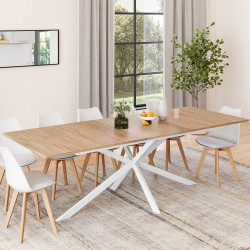 Table à manger extensible rectangle ALIX avec rangement 10-12 personnes pied araignée bois et blanc 200-240 cm